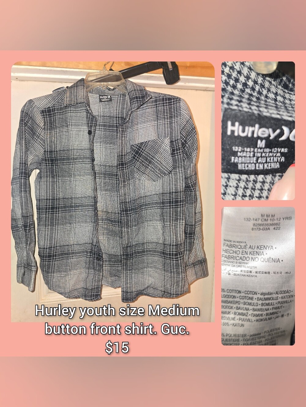 Hurley Youth Medium Black & White Plaid Button-Front Shirt